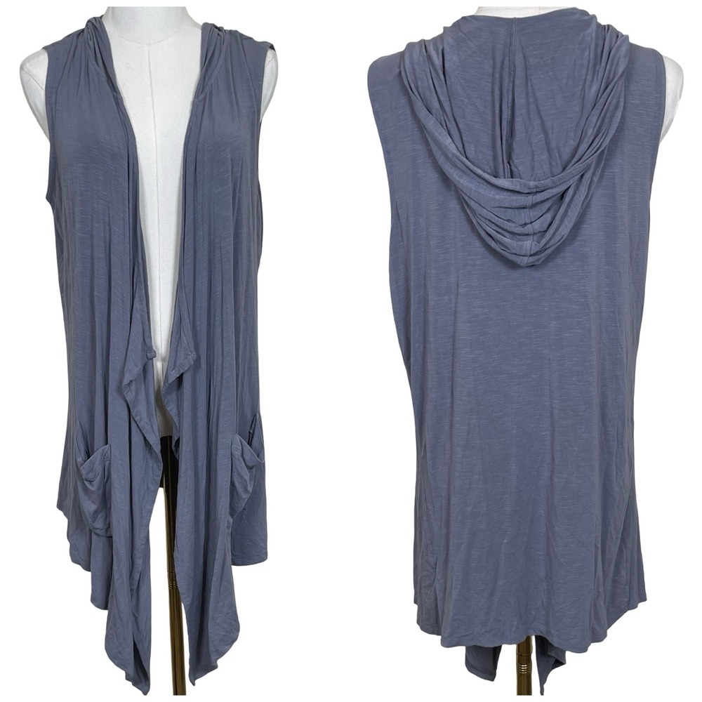LOGO Lori Goldstein Hooded Vest Women M Blue Gray Sleeveless Open Front Draped